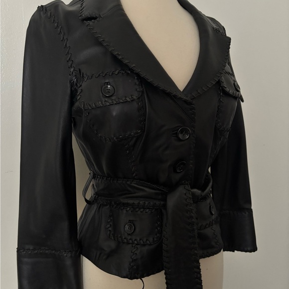 RARE Bebe Women's Genuine Leather Jacket Blazer Button Front Jacket with belt - Picture 5 of 17